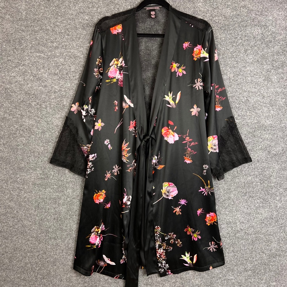 Victoria's Secret Robe Womens XS/S Black Floral Excellent Lace Trim Satin Kimono